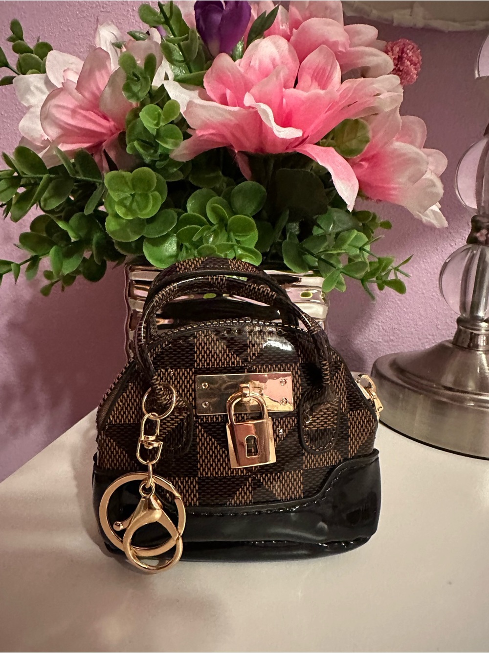 Classic Checkered Mini Satchel Handbag Charm in Brown and Black